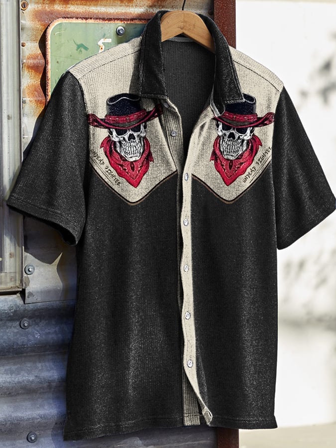 Men's Vintage Western Skull Print Waffle Shirt