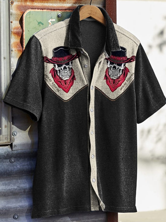 Men's Vintage Western Skull Print Waffle Shirt