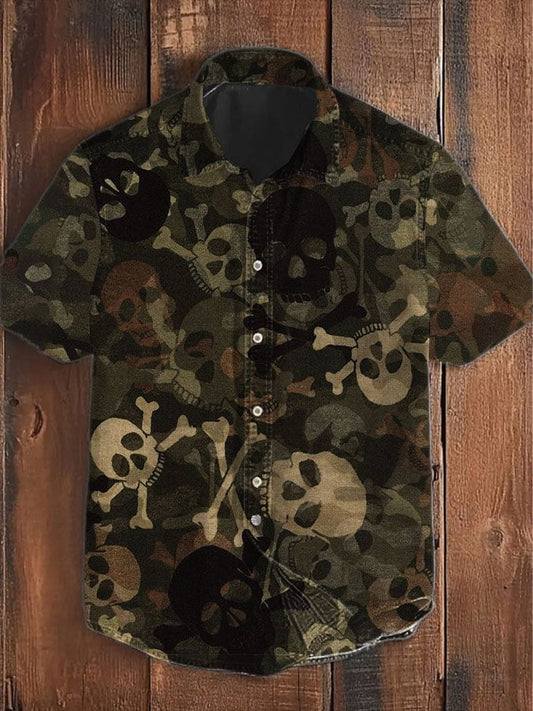 Men's Retro Camouflage Skull Pattern Casual Short Sleeve Shirt