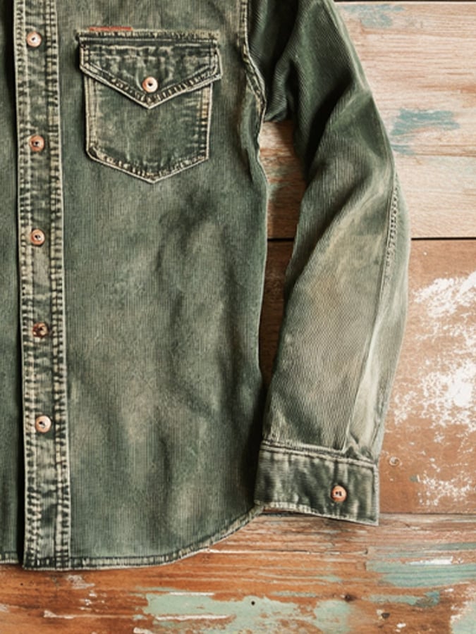 Men's Vintage Distressed Twill Double Pocket Short Sleeve Shirt