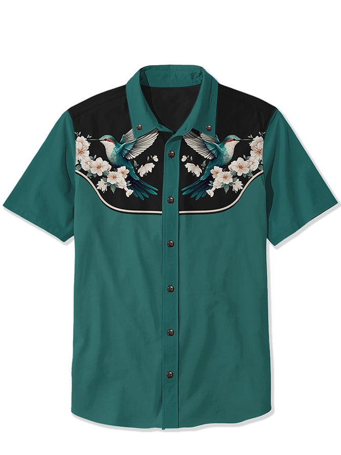 Men's Retro Western Contrast Print Short Sleeve Casual Shirt