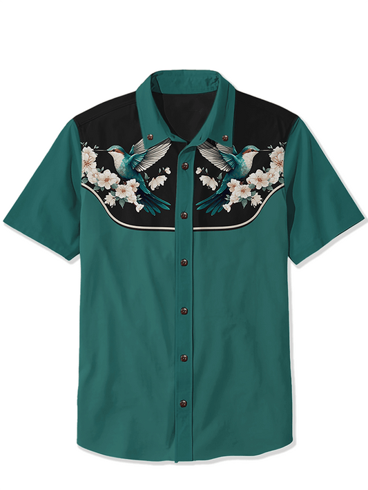 Men's Retro Western Contrast Print Short Sleeve Casual Shirt