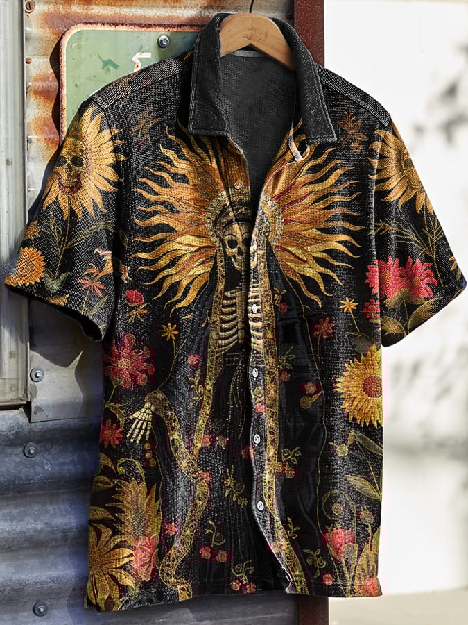 Men's Vintage Western Skull Floral Print Waffle Shirt
