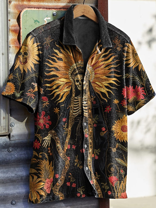 Men's Vintage Western Skull Floral Print Waffle Shirt