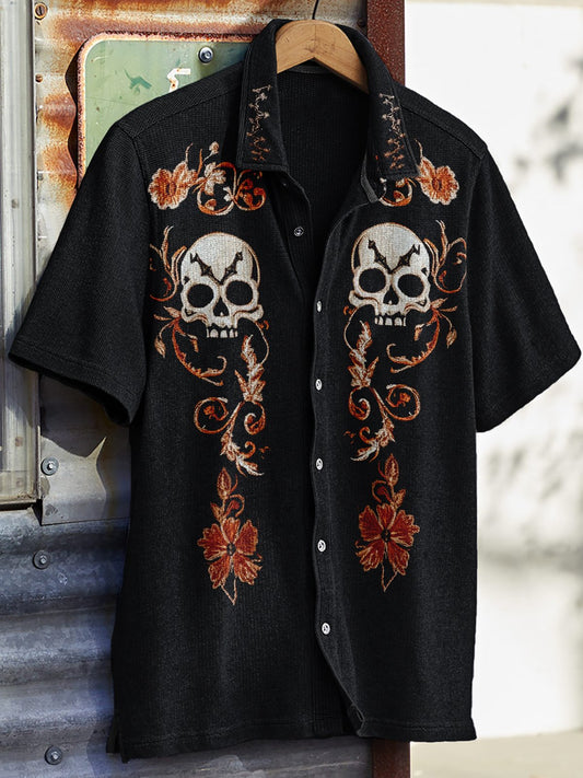 Men's Western Vintage Print Waffle Short Sleeve Shirt