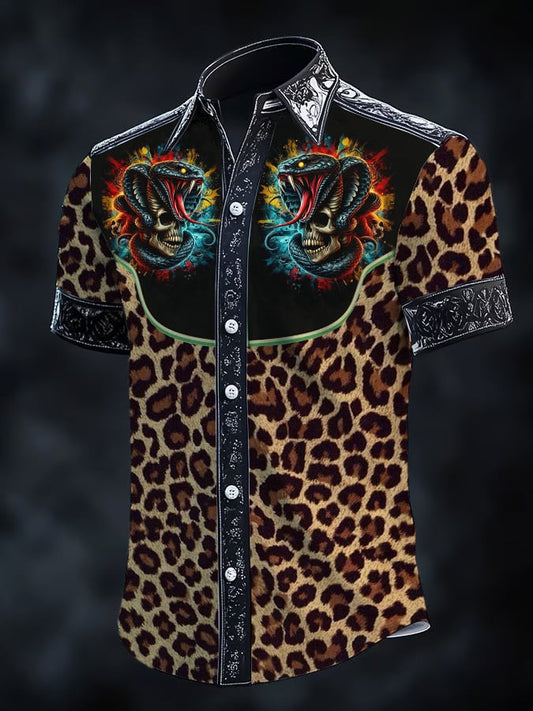 Men's Retro Western Skull Leopard Print Short Sleeve Shirt