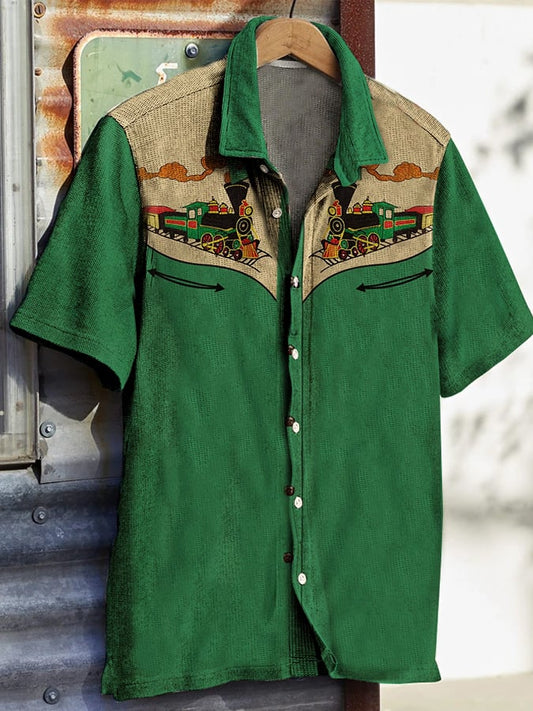 Men's Western Vintage Print Waffle Short Sleeve Shirt