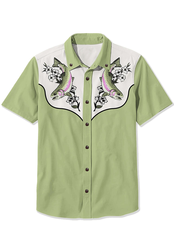 Men's Retro Western Contrast Print Short Sleeve Casual Shirt
