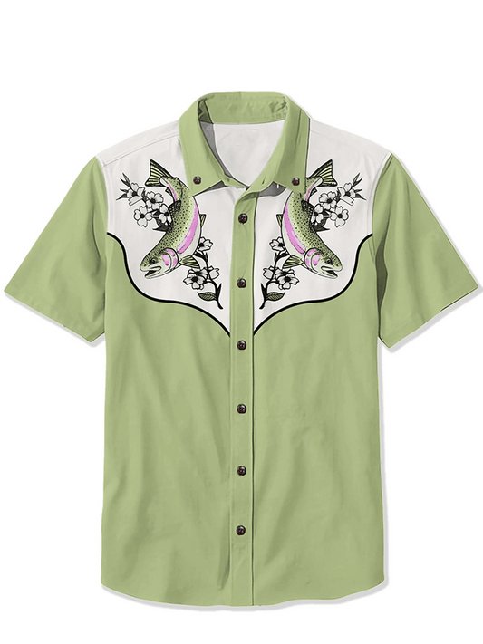Men's Retro Western Contrast Print Short Sleeve Casual Shirt