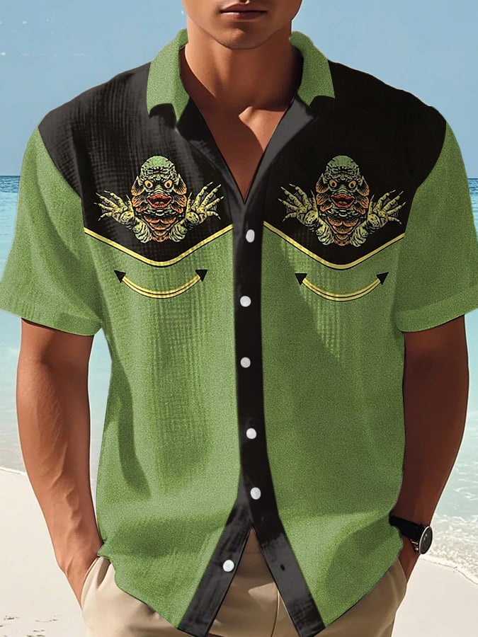 Men's Retro Western Contrast Design Printed Casual Waffle Shirt