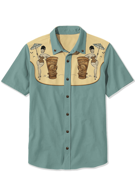 Men's Western Vintage Monster Pin Up Girl And Tiki Lapel Casual Shirt