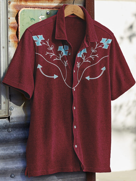 Men's Western Vintage Print Waffle Short Sleeve Shirt