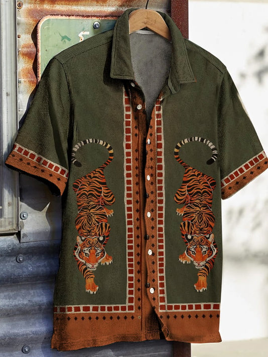 Men's Western Vintage Ethnic Print Waffle Short Sleeve Shirt
