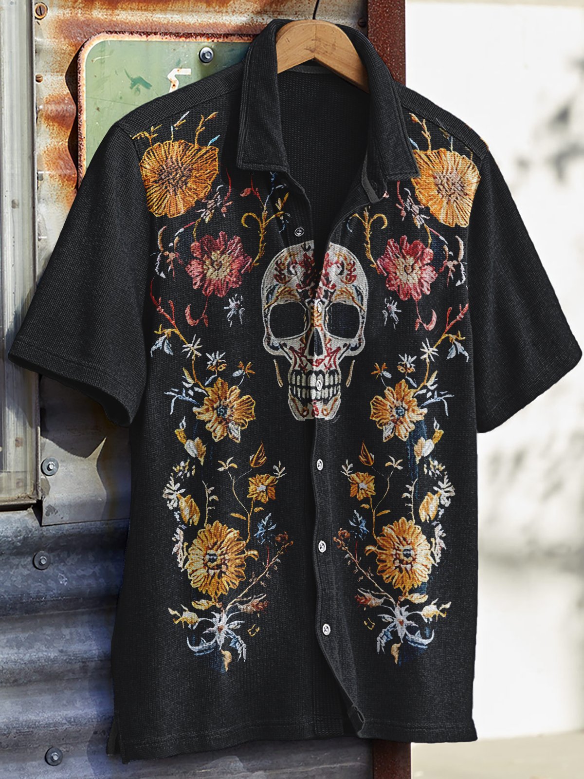 Men's Western Vintage Print Waffle Short Sleeve Shirt