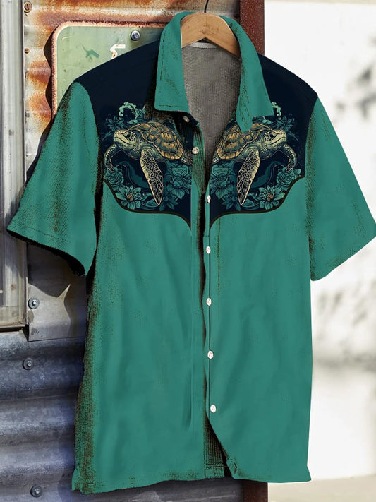 Men's Western Vintage Print Waffle Short Sleeve Shirt