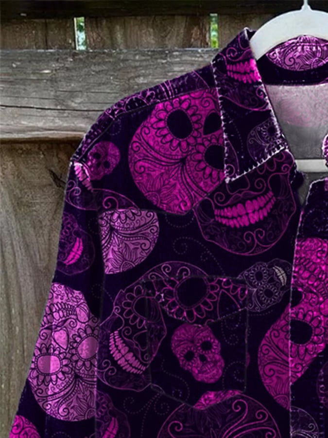 Men's Vintage Western Skull Print Casual Sleeve Shirt