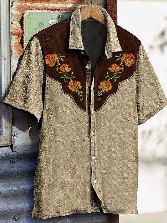 Men's Western Vintage Print Waffle Short Sleeve Shirt