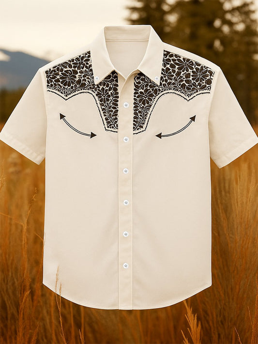 Men's 100% Cotton Western Short Sleeve Button-Down Lapel Shirt
