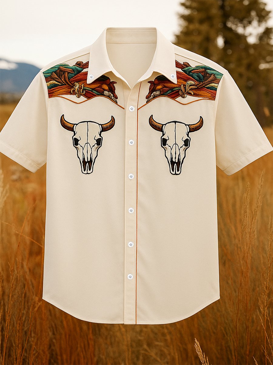 Men's 100% Cotton Western Short Sleeve Button-Down Lapel Shirt
