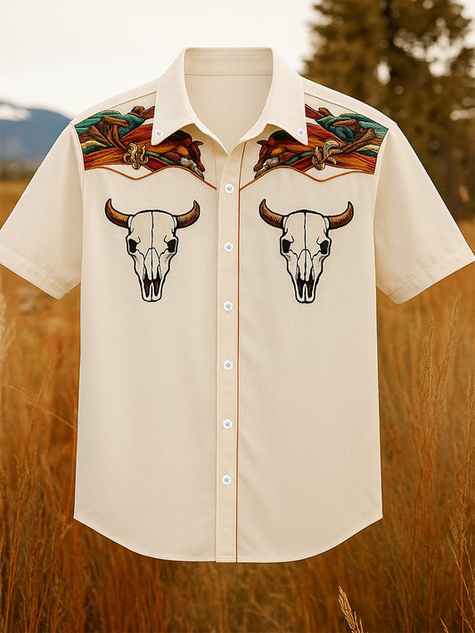 Men's 100% Cotton Western Short Sleeve Button-Down Lapel Shirt