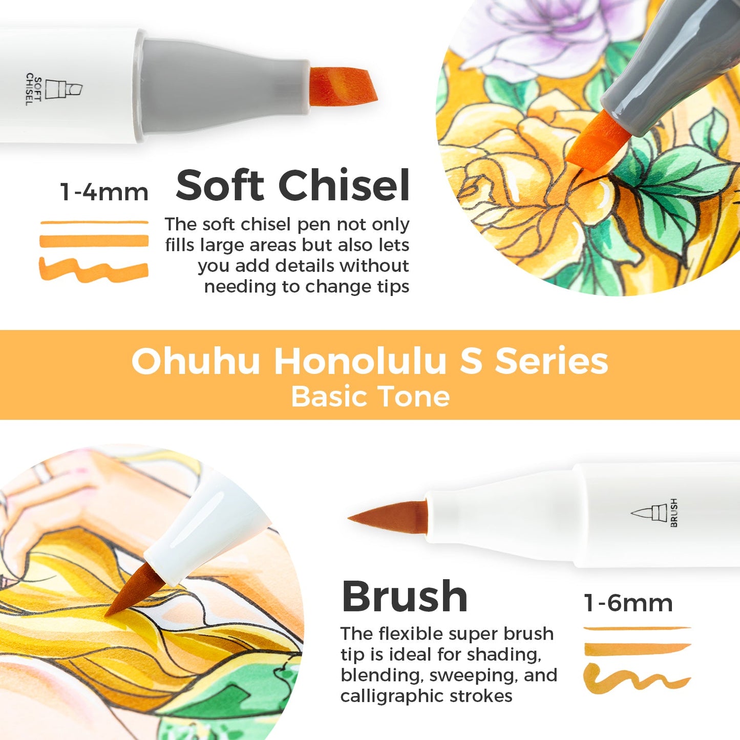 Ohuhu Honolulu S Series Dual Soft Tips Alcohol Art Markers, Brush & Soft Chisel